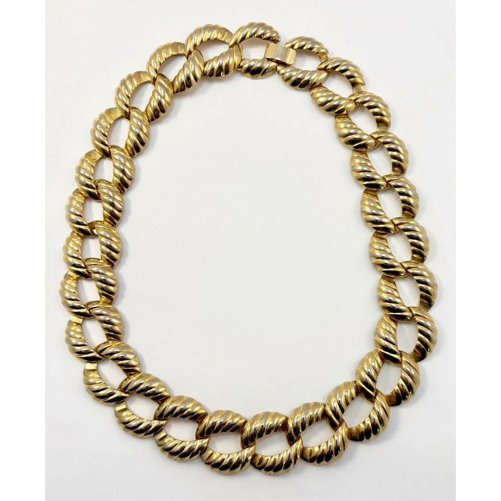 Vintage Gold Tone Chunky Rope Link Collar Necklace Bold Statement Chain 90s